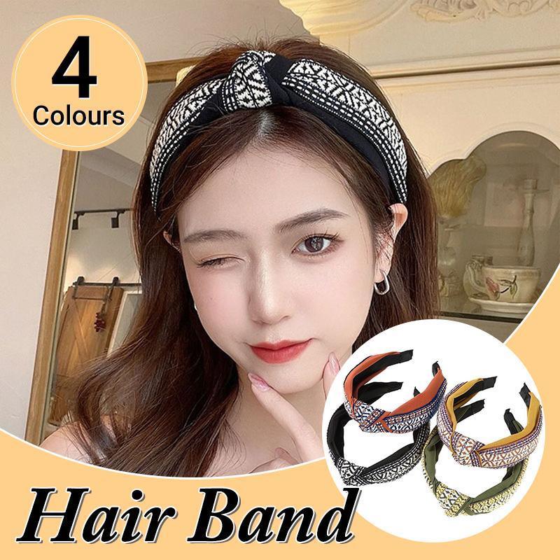 Women's Retro Boho Embroidered Cotton Wide Headband Head Wrap - Black - view 2