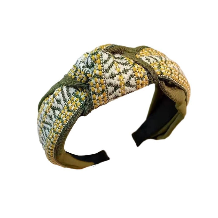 Women's Retro Boho Embroidered Cotton Wide Headband Head Wrap - Green