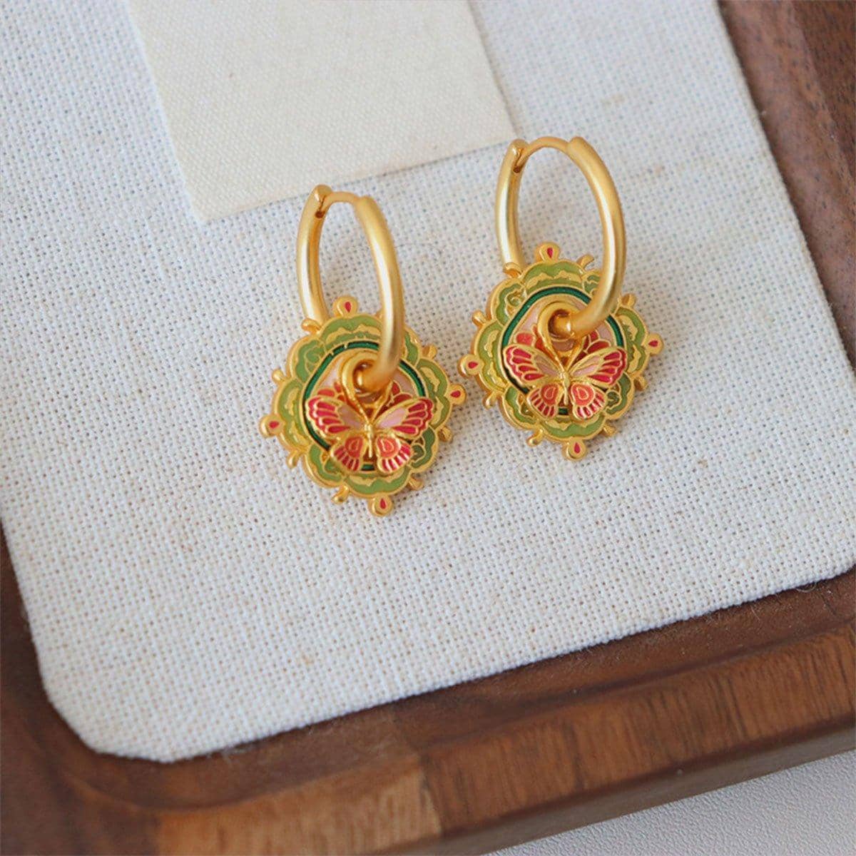 Women's Retro Butterfly Drop Earrings with Green and Red Oil Drop Detail - view 4