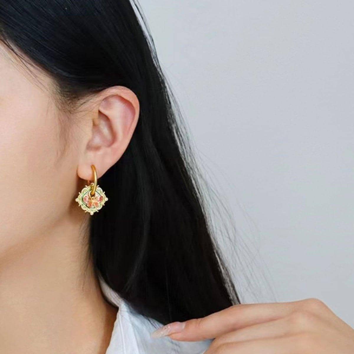 Women's Retro Butterfly Drop Earrings with Green and Red Oil Drop Detail - view 5