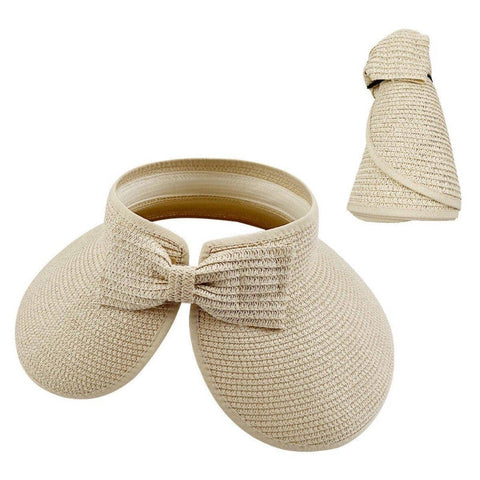 Women's Roll-Up Straw Sun Visor Hat with Bow - Beige