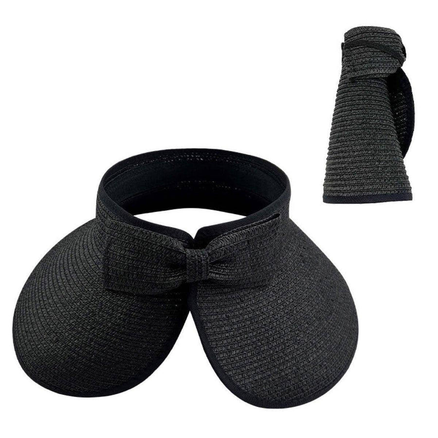 Women's Roll-Up Straw Sun Visor Hat with Bow - Black