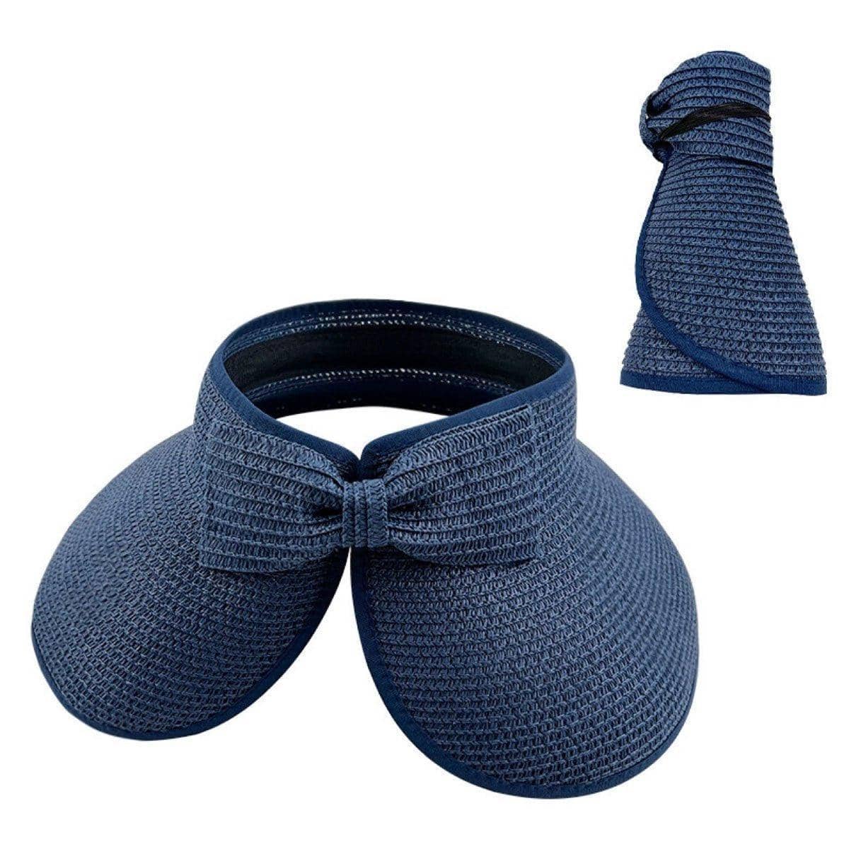 Women's Roll-Up Straw Sun Visor Hat with Bow - Navy Blue