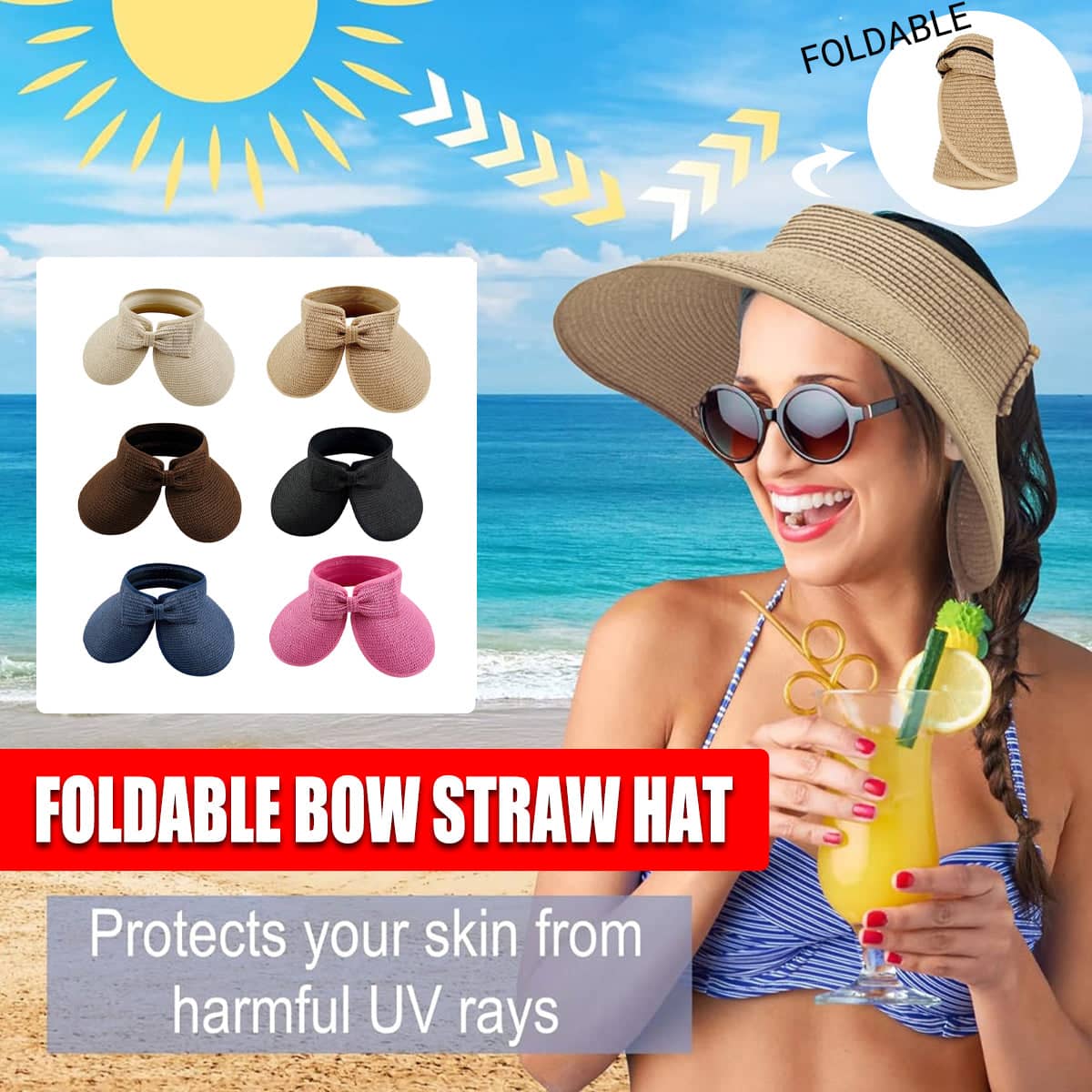 Women's Roll-Up Straw Sun Visor Hat with Bow - Navy Blue - view 2