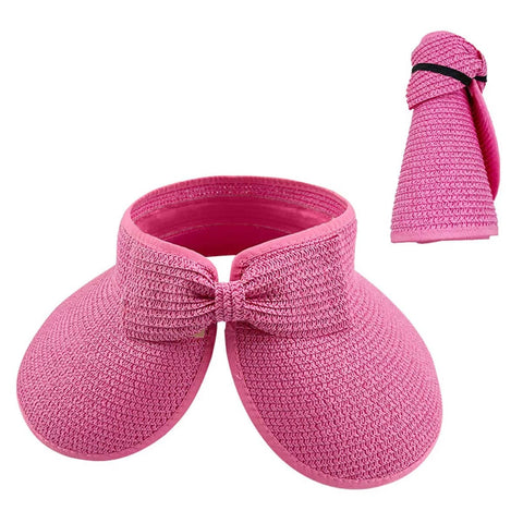 Women's Roll-Up Straw Sun Visor Hat with Bow - Rose Pink