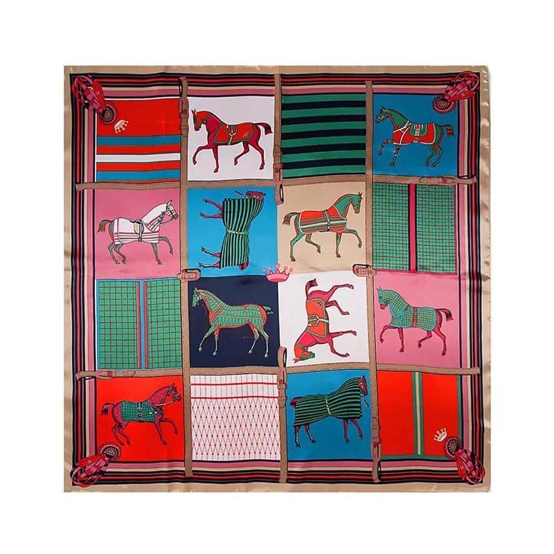 Women's Satin Square Scarf with Horse Print, 90 x 90 cm - Khaki, Red and Green