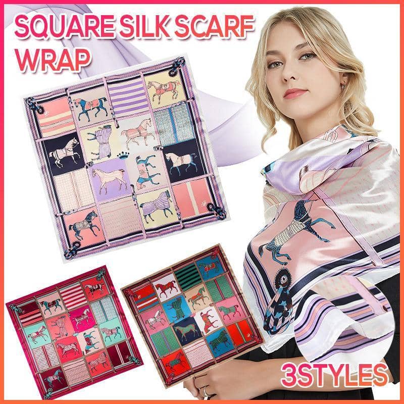 Women's Satin Square Scarf with Horse Print, 90 x 90 cm - Khaki, Red and Green - view 2