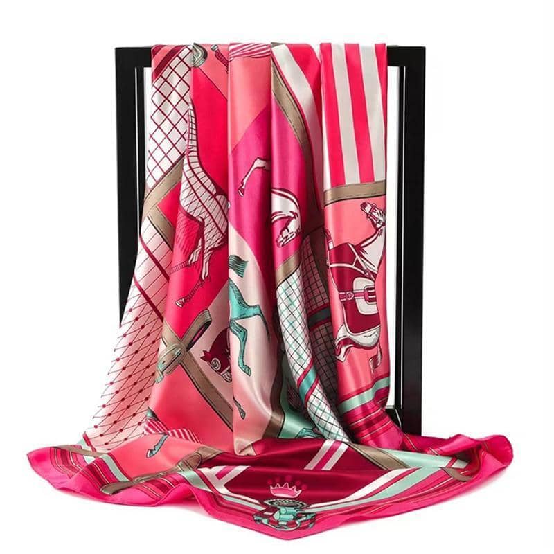 Women's Satin Square Scarf with Horse Print, 90 x 90 cm - Khaki, Red and Green - view 4
