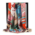 Women's Satin Square Scarf with Horse Print, 90 x 90 cm - Khaki, Red and Green - view 5