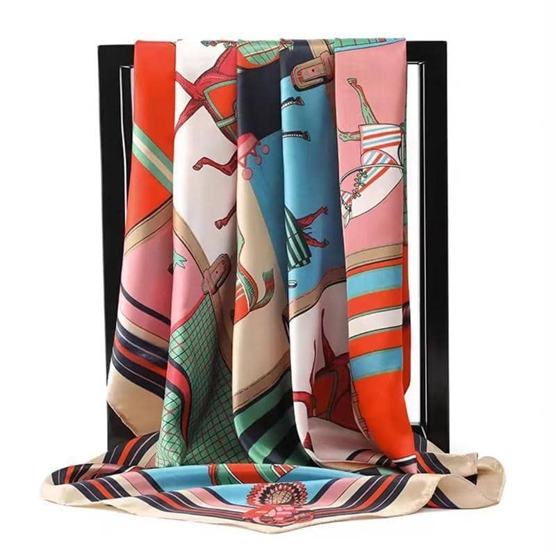 Women's Satin Square Scarf with Horse Print, 90 x 90 cm - Khaki, Red and Green - view 5
