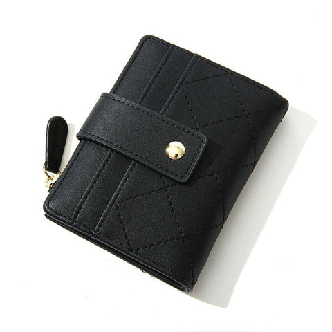 Women's Short Faux Leather Wallet with Money Clip and Zipper - Black