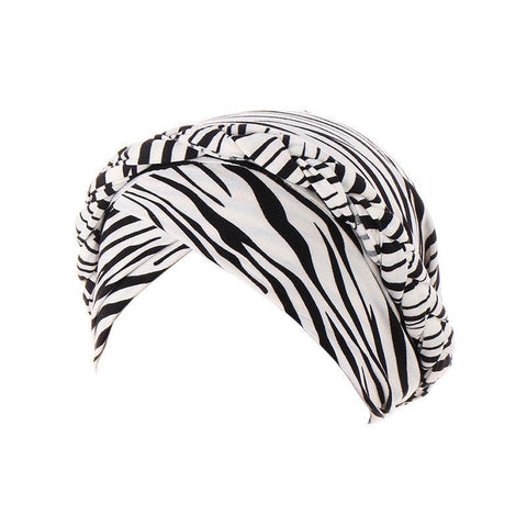 Women's Stretch Turban Hat with Braid Design - Beige Zebra Print