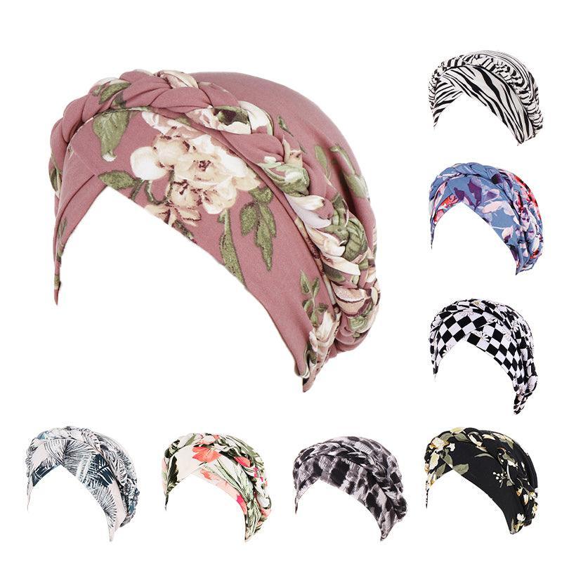 Women's Stretch Turban Hat with Braid Design - Beige Zebra Print - view 3