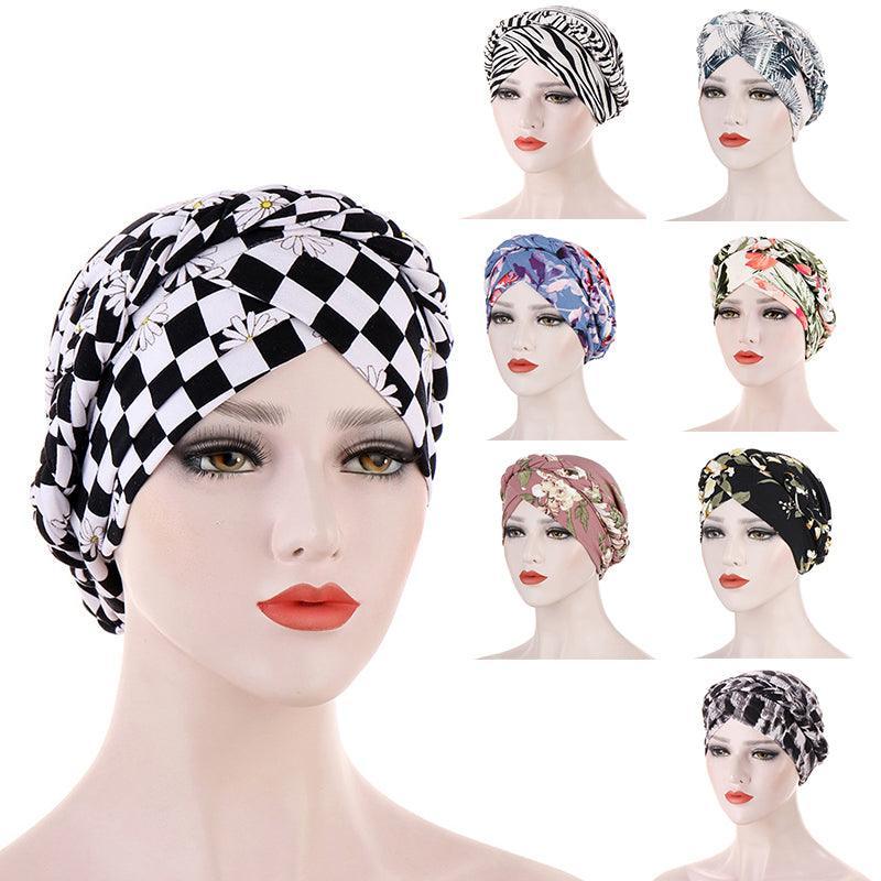 Women's Stretch Turban Hat with Braid Design - Beige Zebra Print - view 4