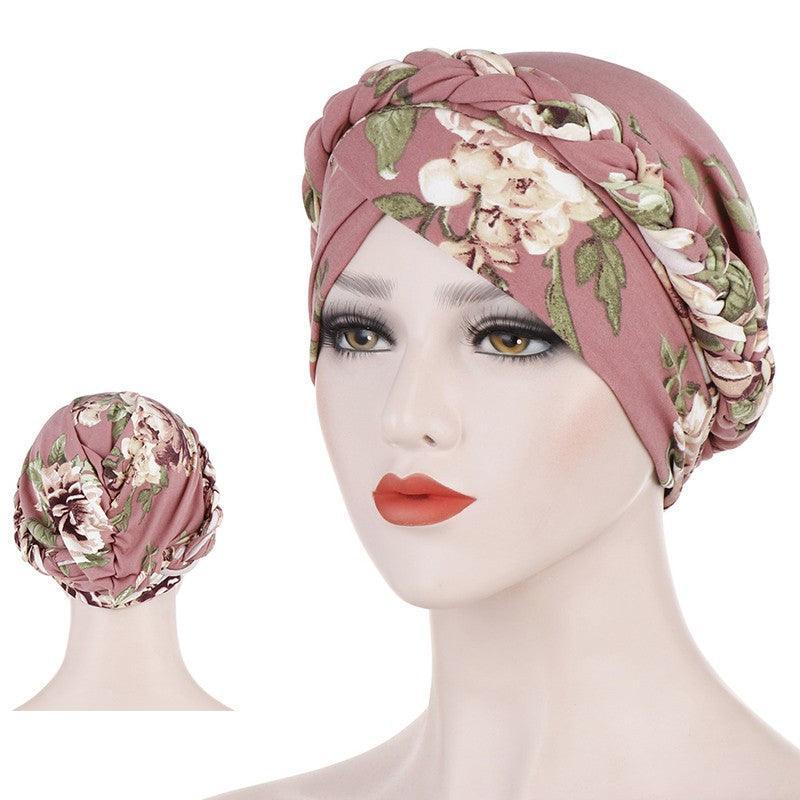 Women's Stretch Turban Hat with Braid Design - Beige Zebra Print - view 5