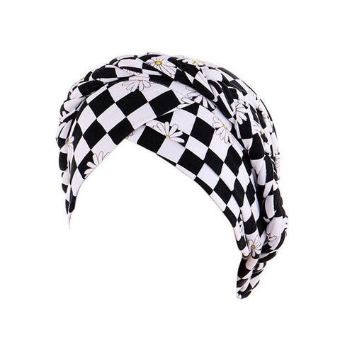 Women's Stretch Turban Hat with Braid Design - Black and White Grid