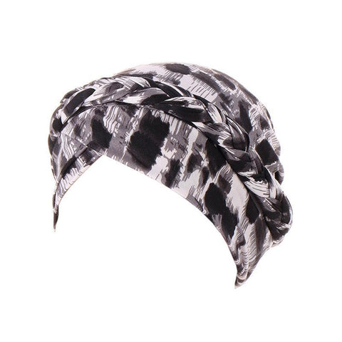 Women's Stretch Turban Hat with Braid Design - Grey Leopard Print