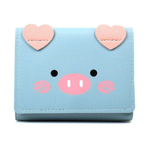 Women's Three-Fold Short Wallet, Pig Face Design - Aqua