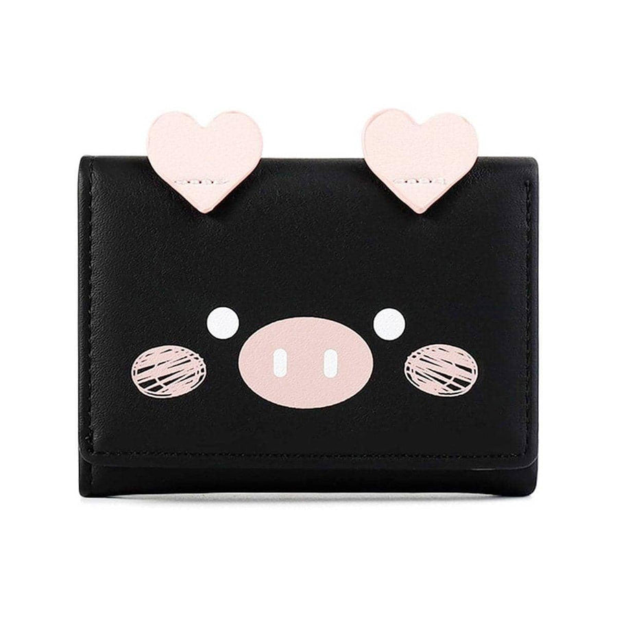 Women's Three-Fold Short Wallet, Pig Face Design - Black