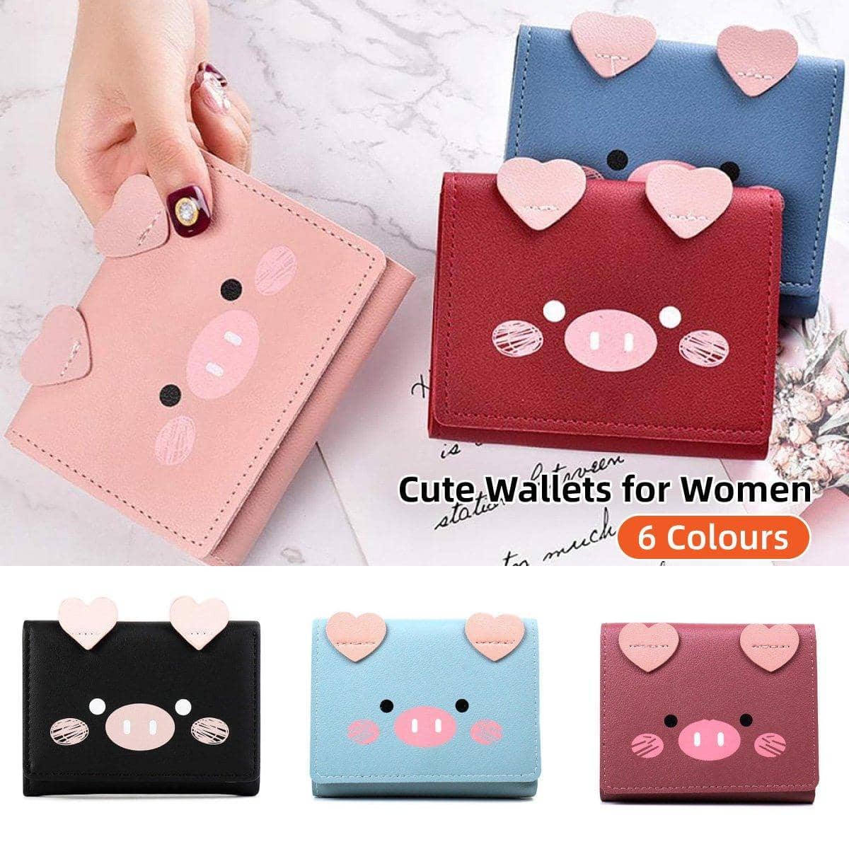 Women's Three-Fold Short Wallet, Pig Face Design - Black - view 2