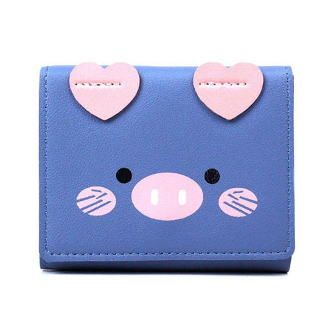 Women's Three-Fold Short Wallet, Pig Face Design - Blue