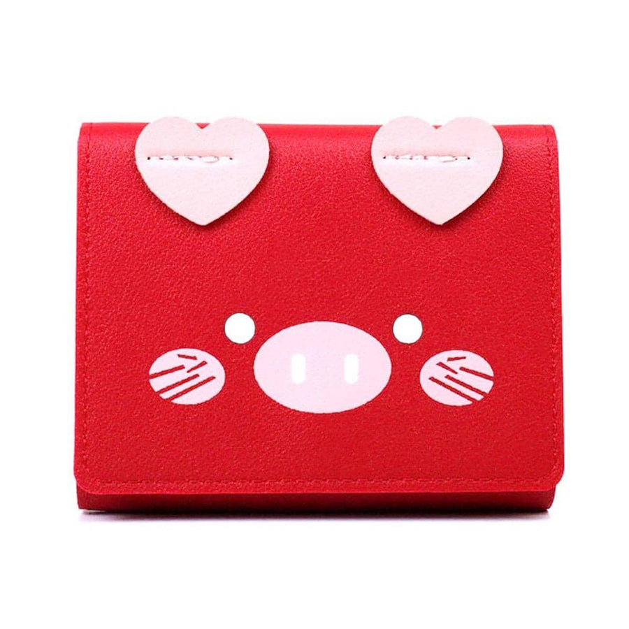 Women's Three-Fold Short Wallet, Pig Face Design - Red