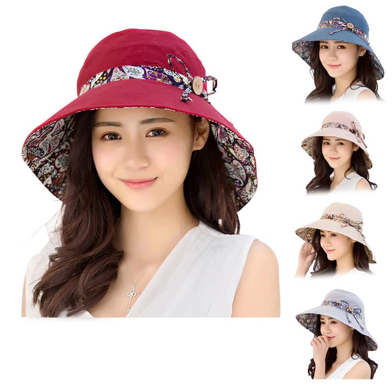 Women's Wide Brim Foldable Sun Hat with Bow - Beige - view 3