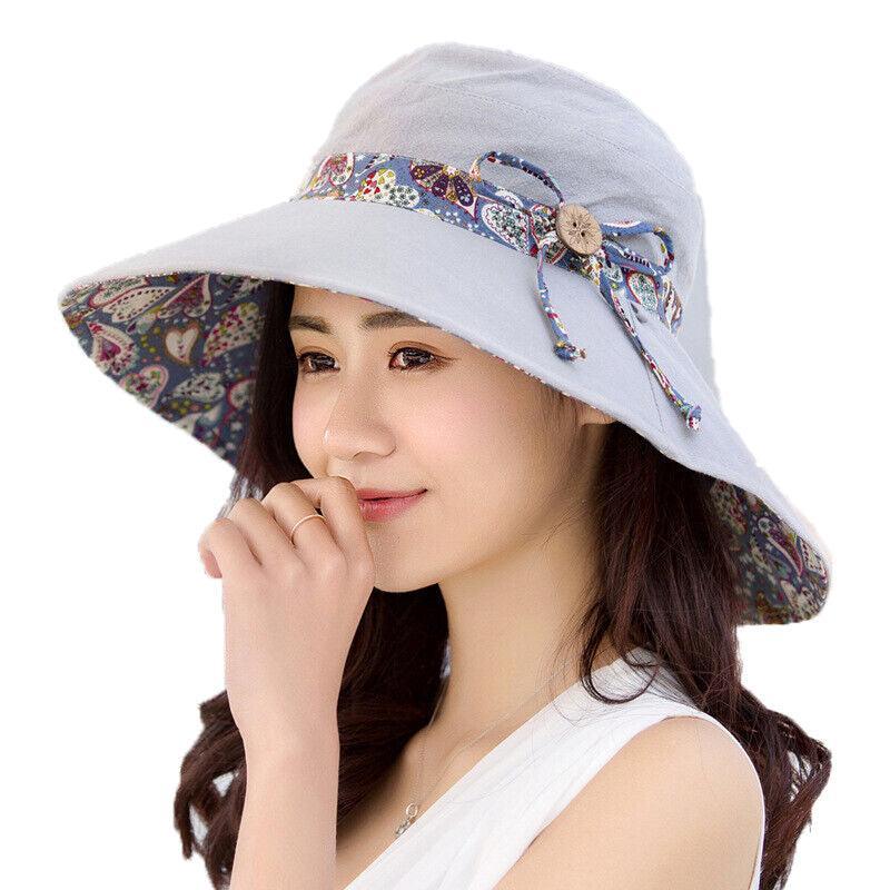 Women's Wide Brim Foldable Sun Hat with Bow - Grey