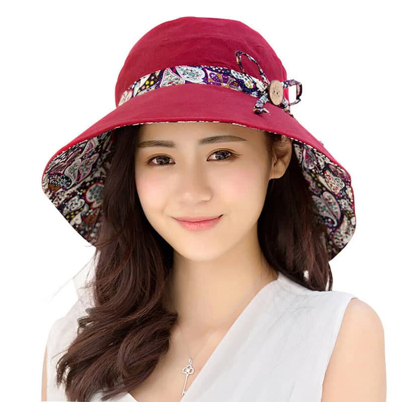 Women's Wide Brim Foldable Sun Hat with Bow - Red