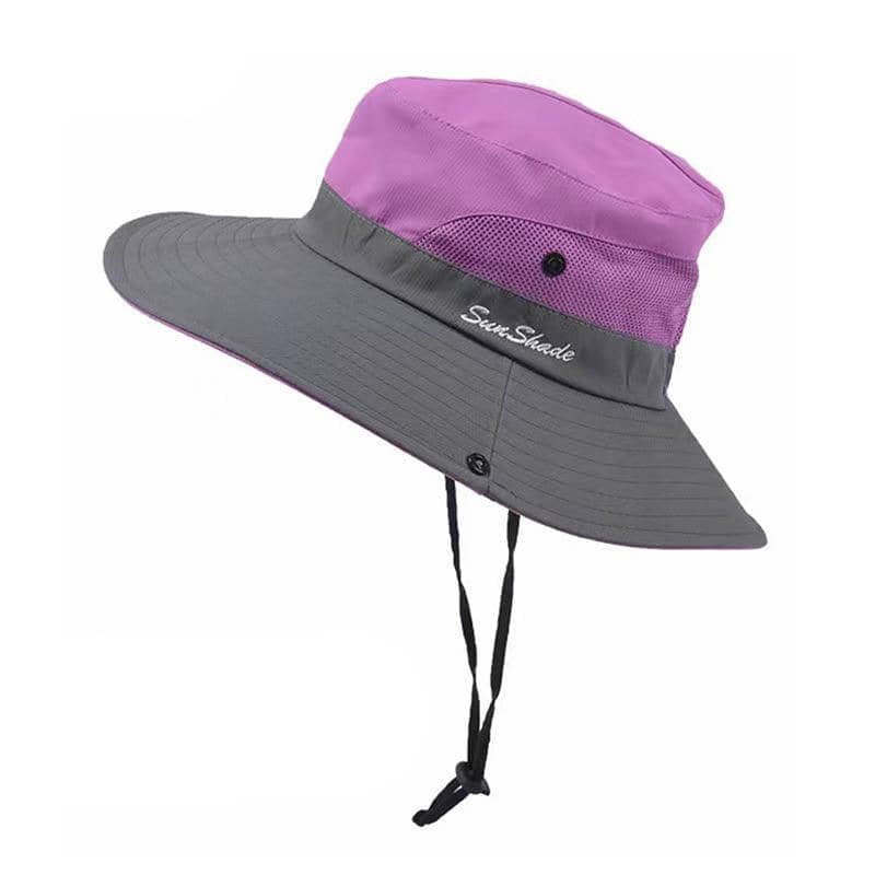 Women's Wide Brim Ponytail Sun Hat with UV Protection - Purple and Grey