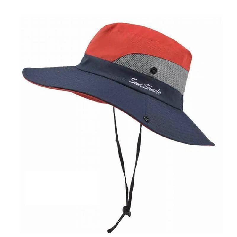 Women's Wide Brim Ponytail Sun Hat with UV Protection - Red and Navy