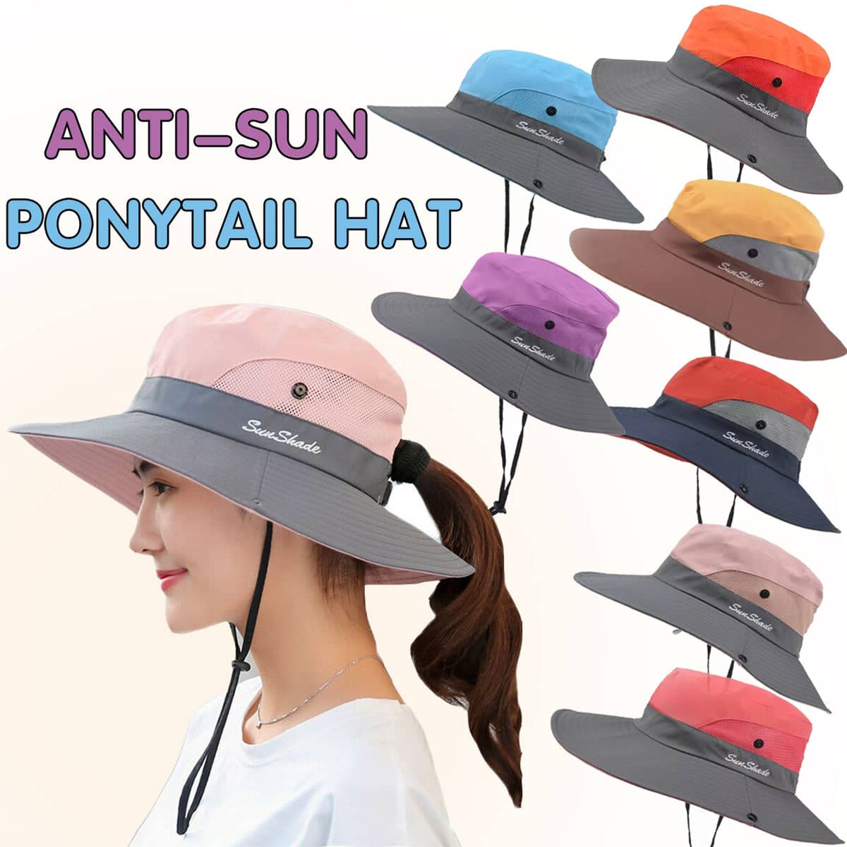 Women's Wide Brim Ponytail Sun Hat with UV Protection - Red and Navy - view 2