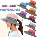 Women's Wide Brim Ponytail Sun Hat with UV Protection - Sky Blue and Grey - view 2
