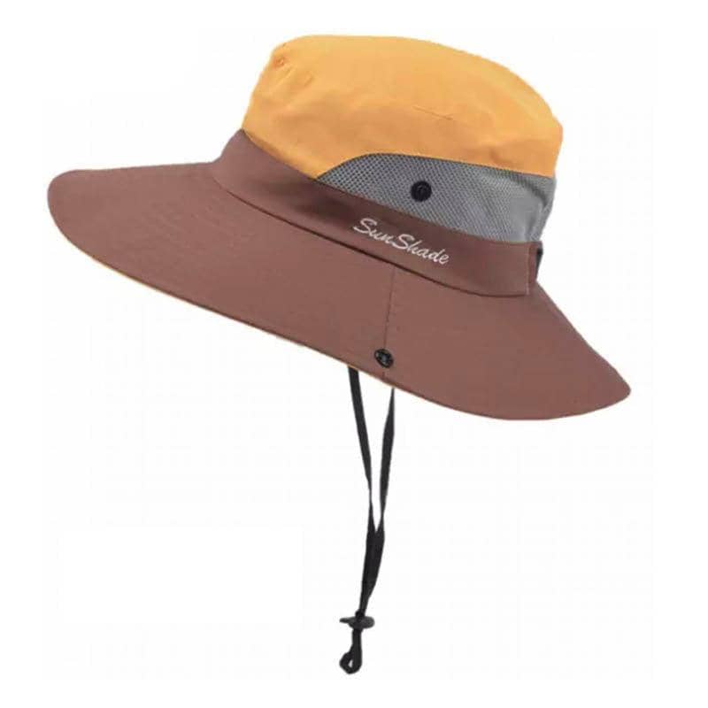 Women's Wide Brim Ponytail Sun Hat with UV Protection - Yellow and Brown
