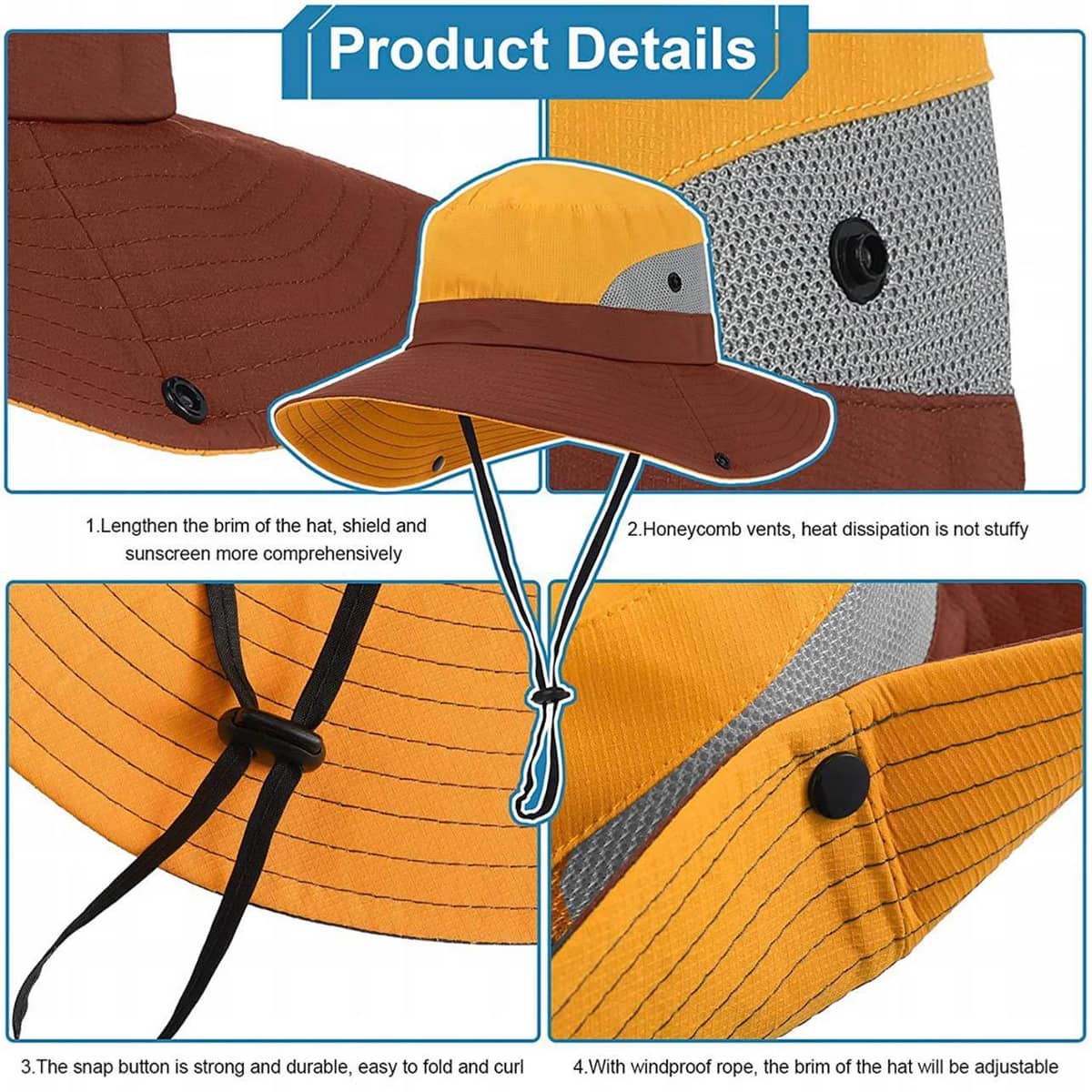 Women's Wide Brim Ponytail Sun Hat with UV Protection - Yellow and Brown - view 4