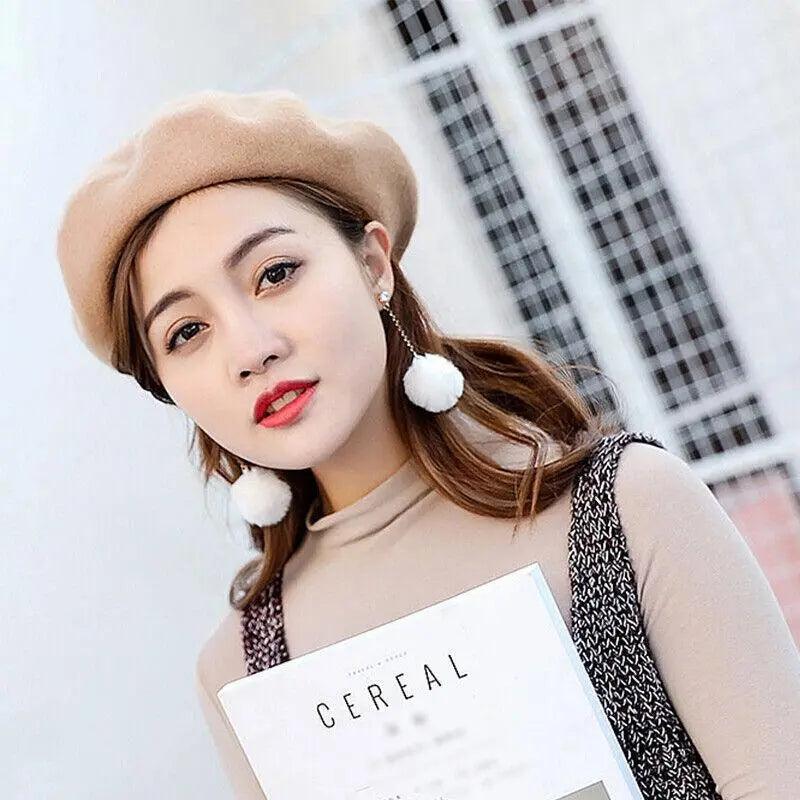 Women's Wool Beret Hat with Pom, Winter Warm Newsboy Cap - Purple - view 14