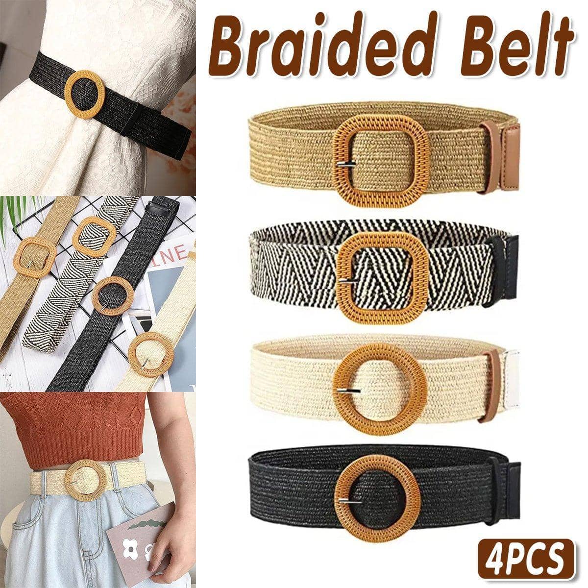 Women's Woven Belt Set with Round and Square Buckles, Pack of 4