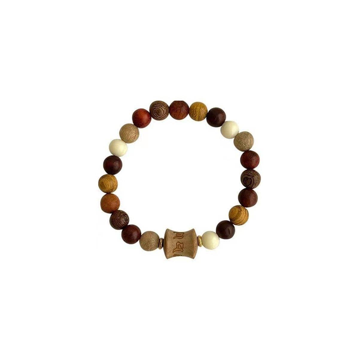 Wood Bead Stretch Bracelet with Carved Bamboo Centre - Brown Mix