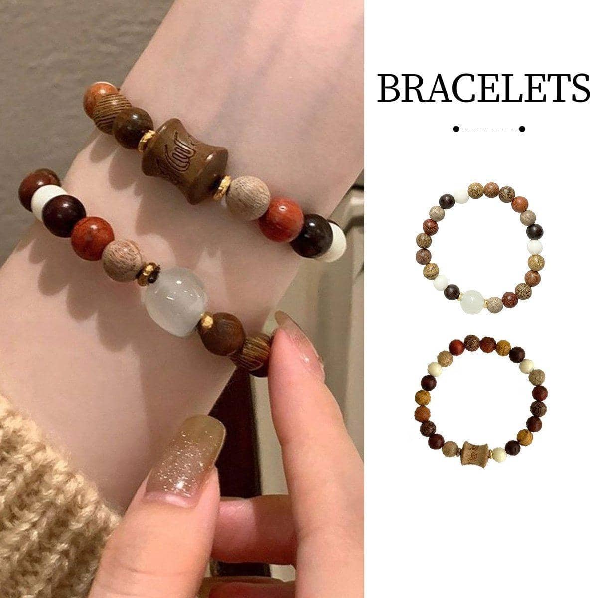 Wood Bead Stretch Bracelet with Carved Bamboo Centre - Brown Mix - view 2