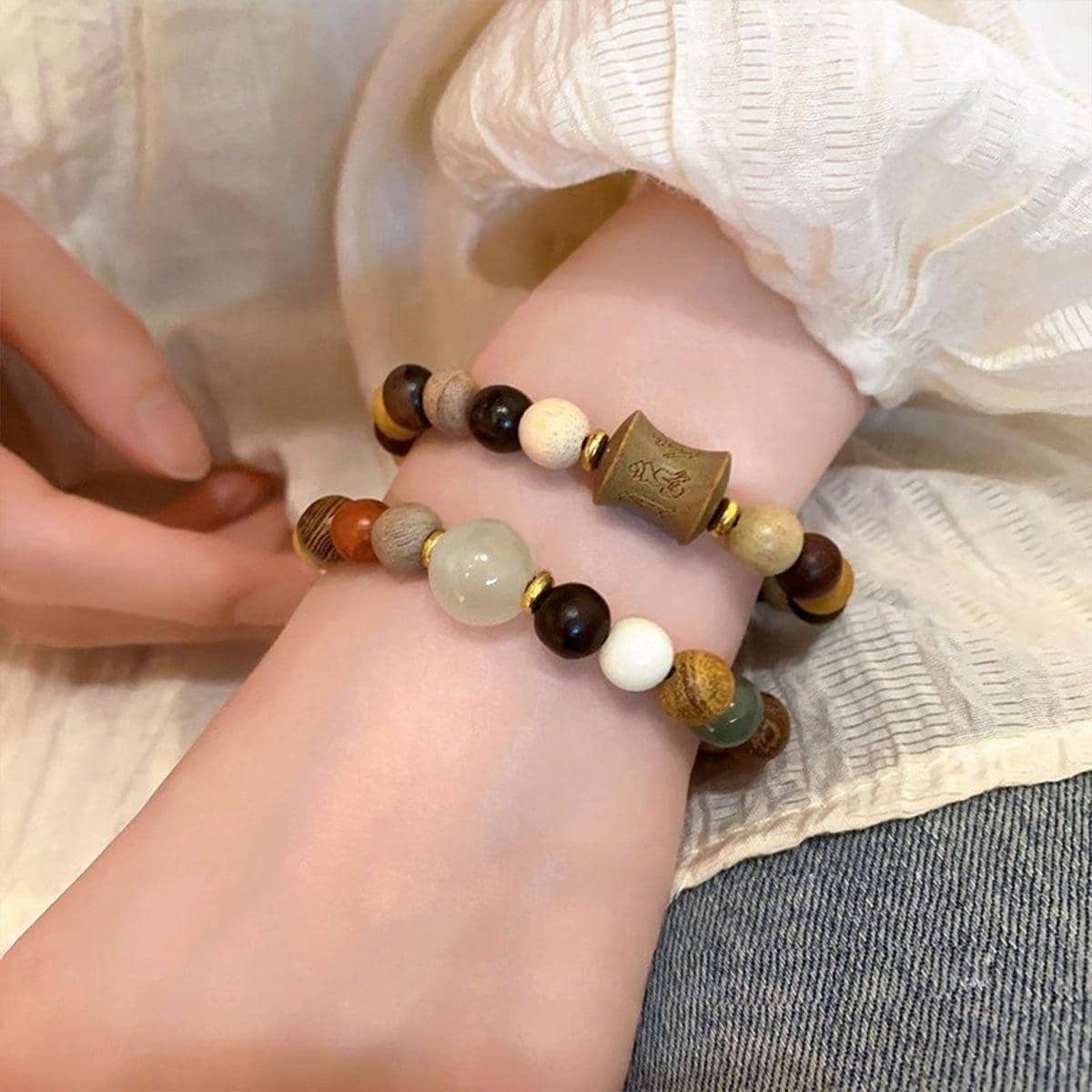 Wood Bead Stretch Bracelet with Carved Bamboo Centre - Brown Mix - view 3