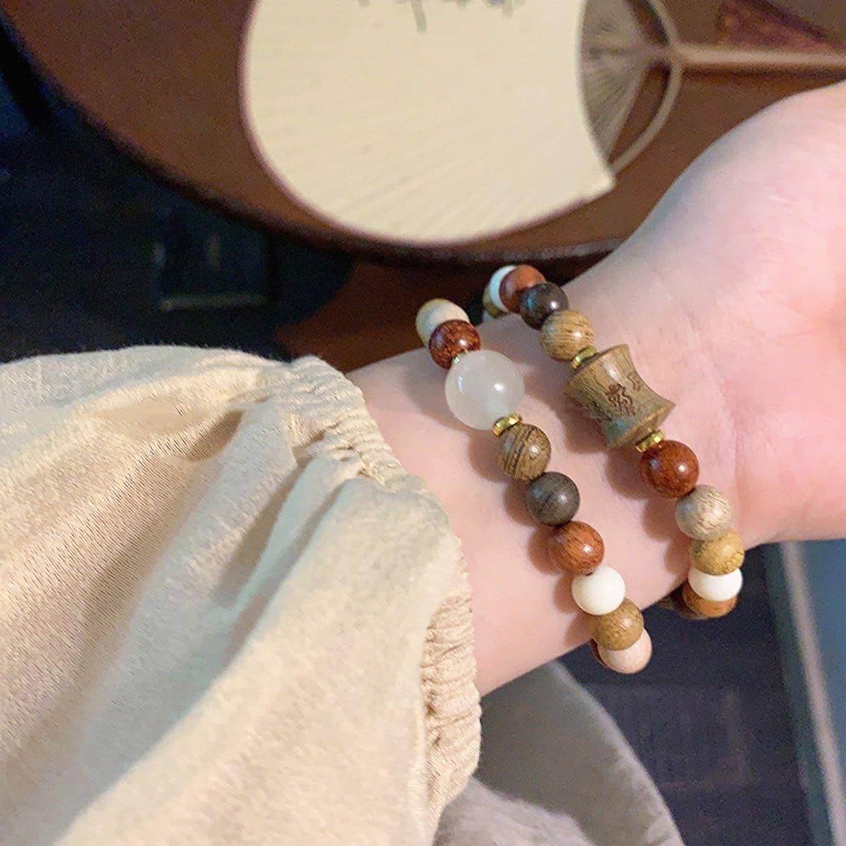 Wood Bead Stretch Bracelet with Carved Bamboo Centre - Brown Mix - view 4