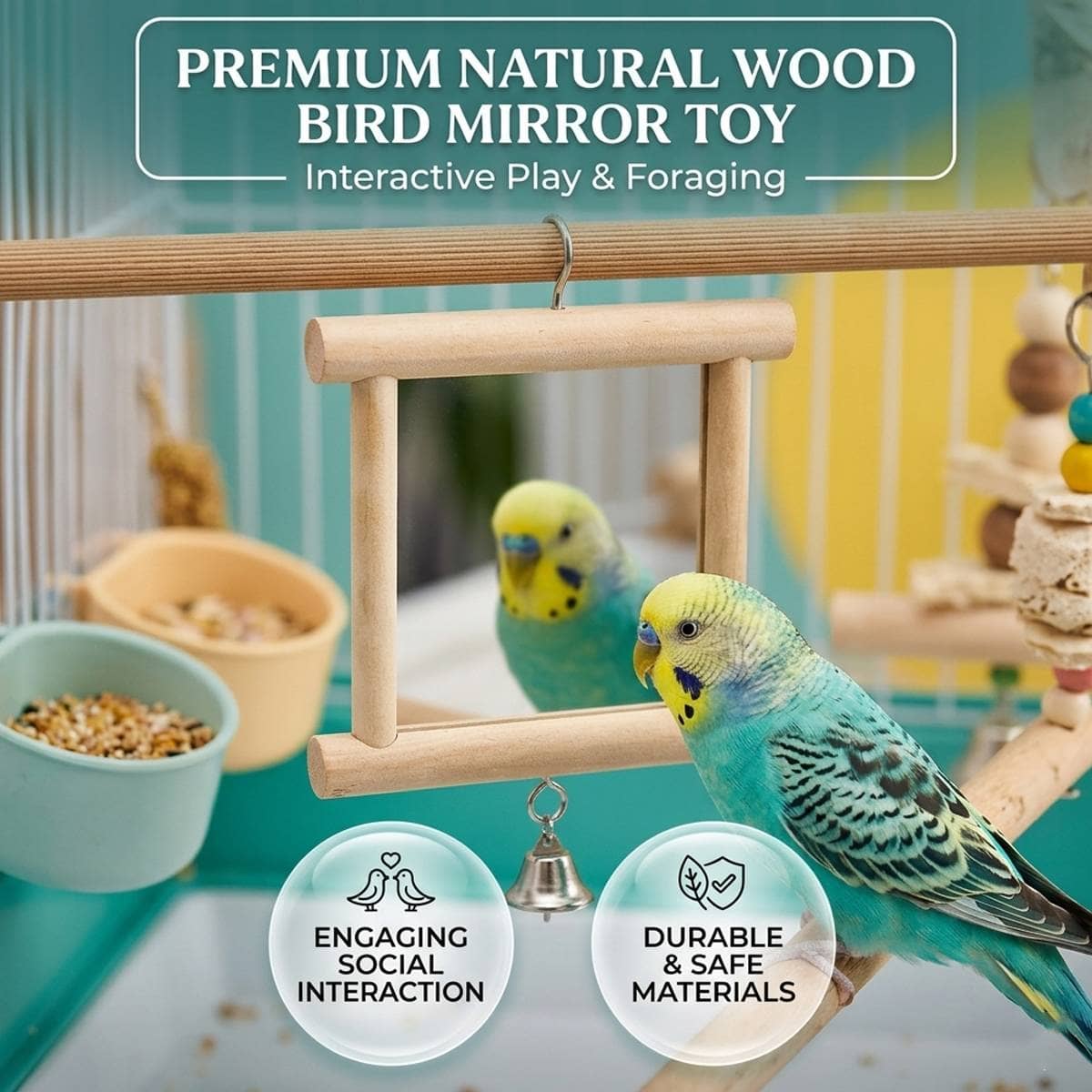 Wood Bird Mirror with Bell Hanging Toy for Parrot and Budgie Cage