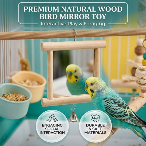 Wood Bird Mirror with Bell Hanging Toy for Parrot and Budgie Cage