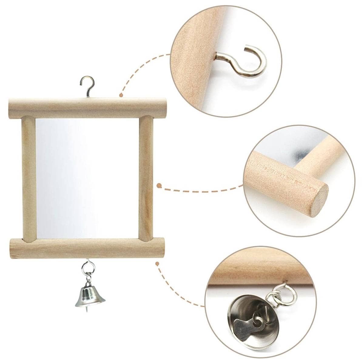 Wood Bird Mirror with Bell Hanging Toy for Parrot and Budgie Cage - view 4