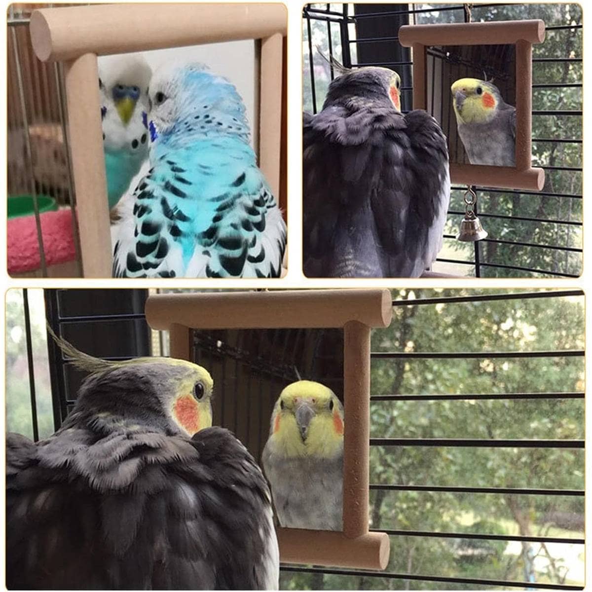 Wood Bird Mirror with Bell Hanging Toy for Parrot and Budgie Cage - view 5