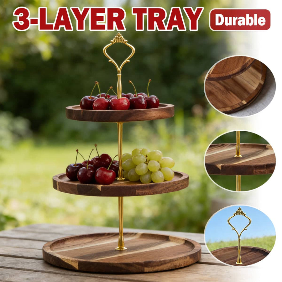 Wooden 3 Tier Cake Stand - Rustic European Style Dessert Tray Server