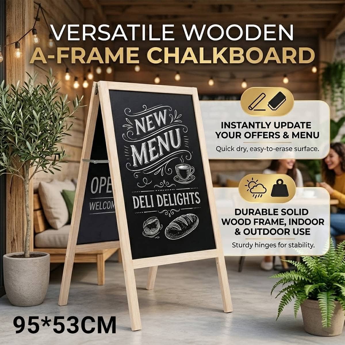 Wooden A Frame Chalkboard Menu Display Board 95 x 53 cm Foldable