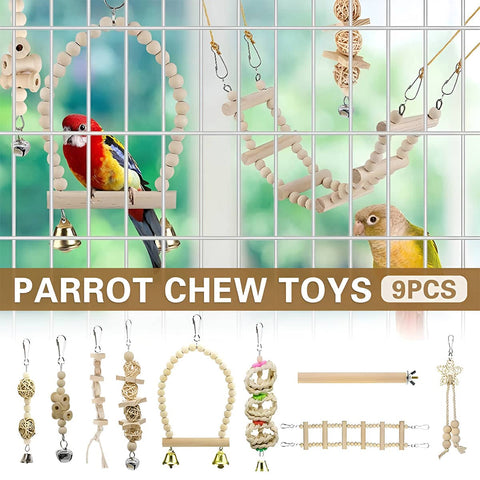Wooden Bird Chew Toys 9 Piece Set with Swing and Hanging Bridge for Parrots