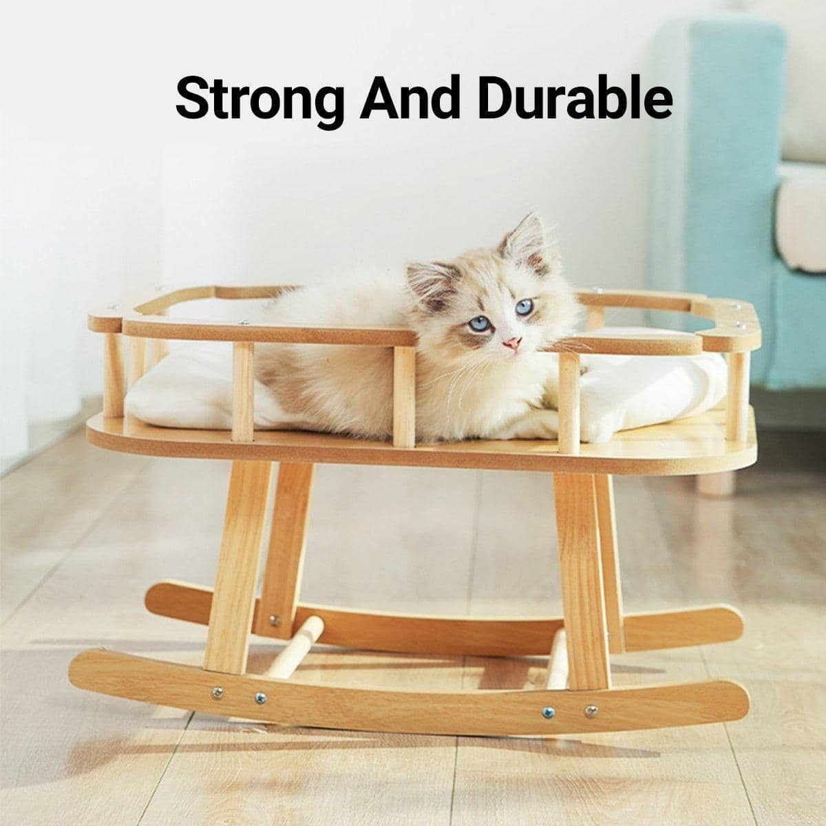 Wooden Cat Rocking Bed with Breathable Cushion, White - view 4