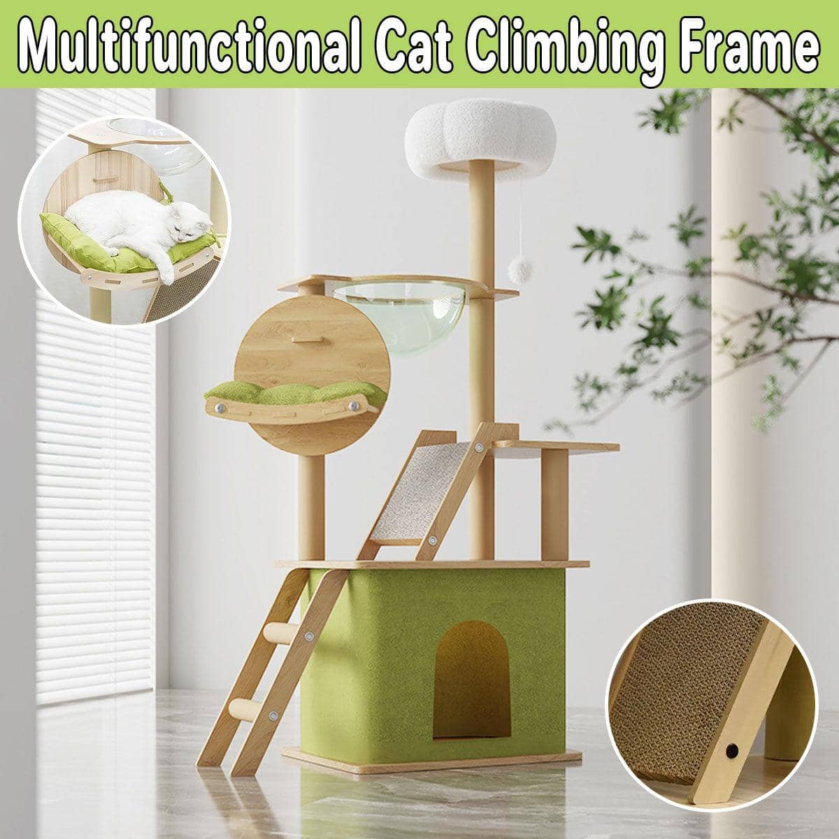 Wooden Cat Tree with Viewing Capsule and Cushioned Bed, 140 cm